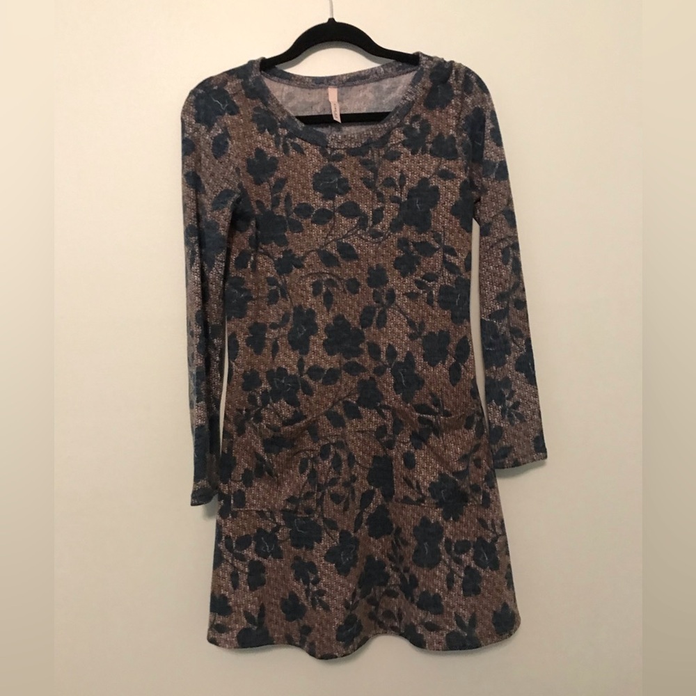 Gilli Brown with Green Flowers Long Sleeve Sweater Dress